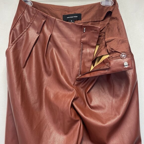 WHO WHAT WEAR Faux Leather High-Rise Straight Leg Trouser Pants Women Sz 6 Brown - Picture 10 of 14